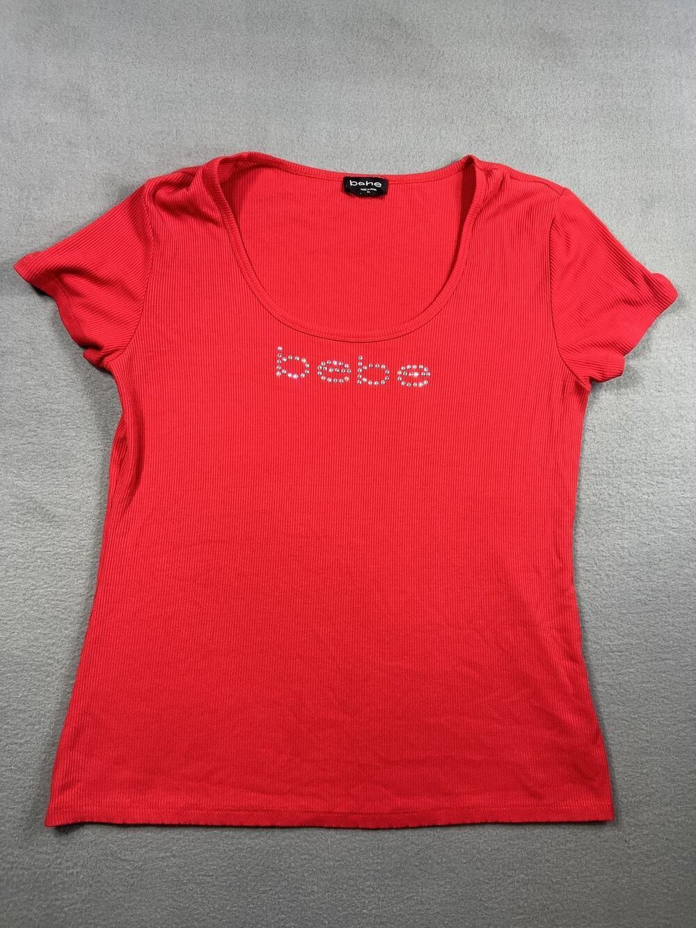Womens BEBE Red Y2K Rhinestone V-Neck Ribbed Top Size XL, Casual Fashion
